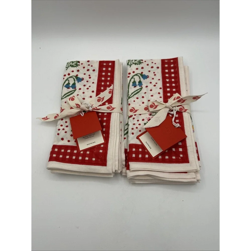 Pomegranate Cotton Napkins 20x20 Green Vines Geometric Hand Block Print 8 Pack